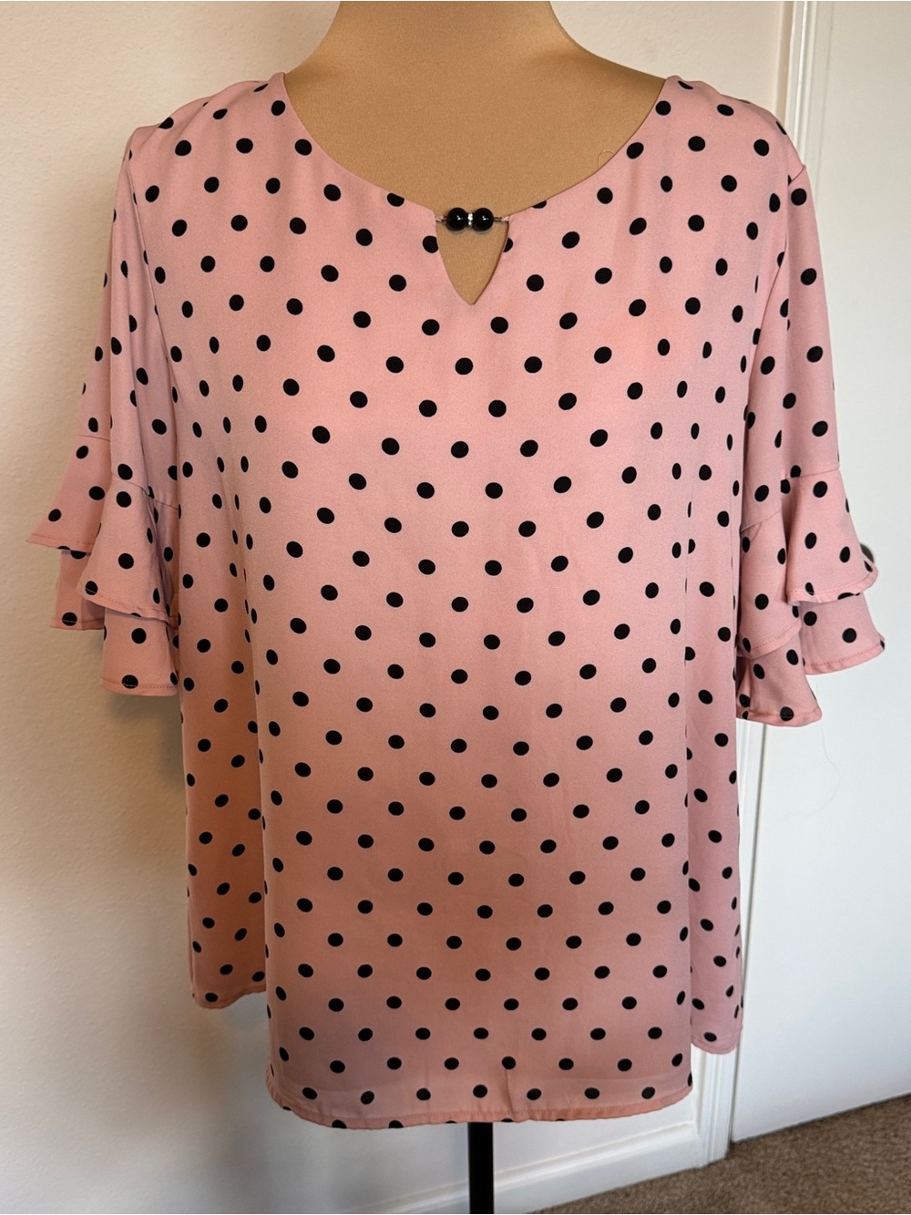 Roz & Ali Pink Polka Dot Ruffle Sleeve Blouse